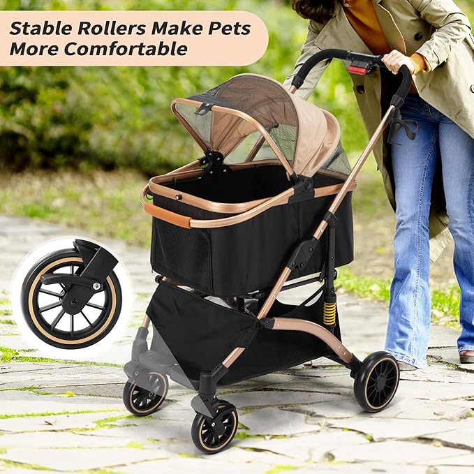 Coziwow Dog Stroller for Pets, One Hand Fold Puppy Stroller with 6 Shock Absorbers, Removable Cabin & Storage Basket, 4 Wheels Dual Brakes, Rose Gold + Black