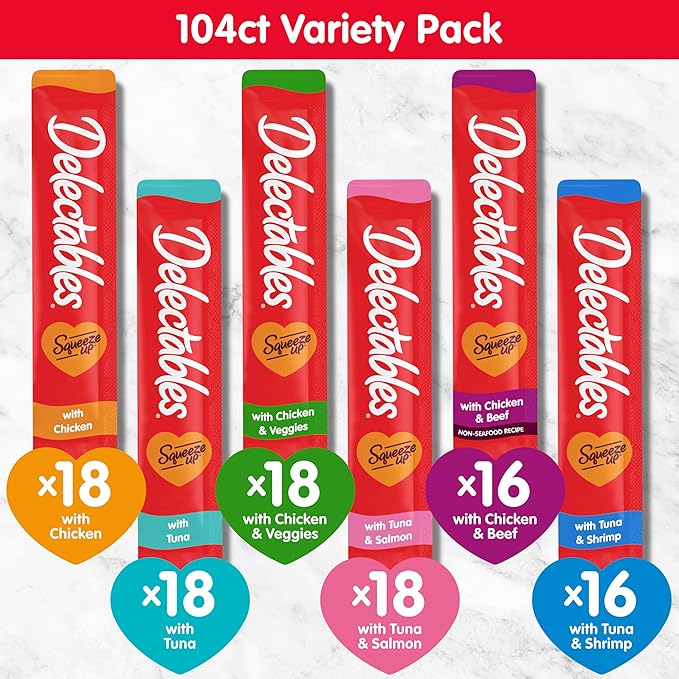 Delectables Squeeze Up Variety Pack, Creamy Squeezable Puree, Lickable Wet Cat Treats, Grain Free, No Added Fillers, No by-Products, No Added Preservatives, 0.5 Ounces Tube, 104 Tubes Total