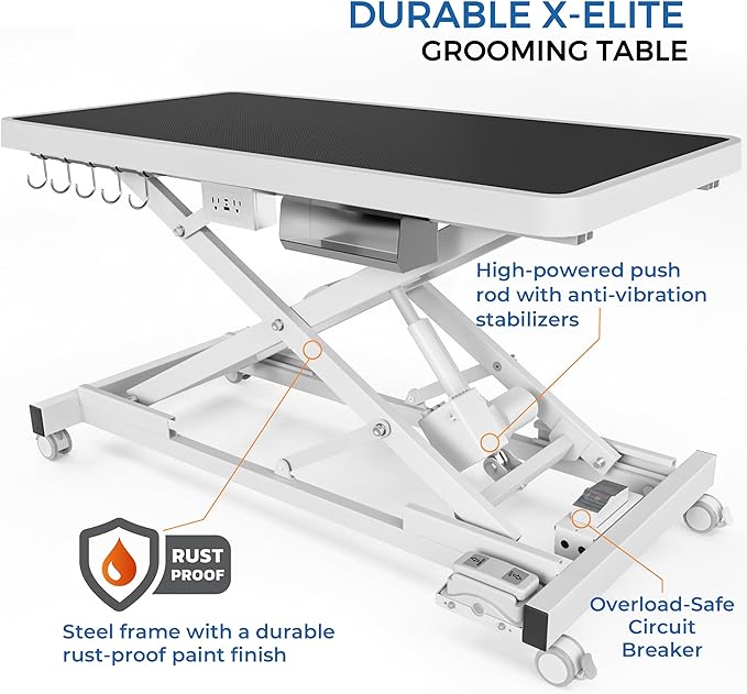 Burano Professional Super Low-Step Electric Dog Grooming Table 49.2", Heavy Duty, Anti-Slip Tabletop, Height Adjustable Dog Table with Lockable Casters, Stainless Grooming Overhead Arm