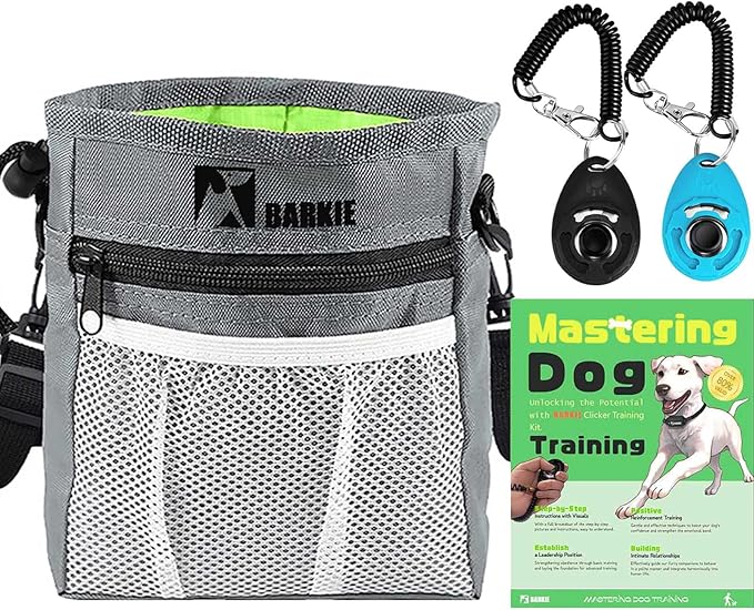 BARKIE Dog Treat Pouch and 2 Dog Training Clickers with Dog Positive Reinforcement Training Booklet (Grey)