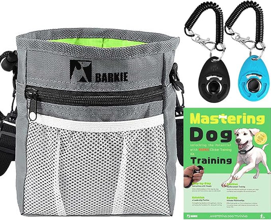 BARKIE Dog Treat Pouch and 2 Dog Training Clickers with Dog Positive Reinforcement Training Booklet (Grey)