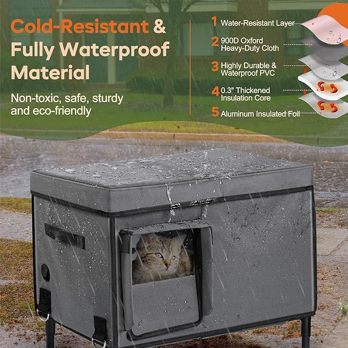 Heated Cat House for Outdoor Cat in Winter, 100% Waterproof Outdoor Cat House with Heating Pad, Foil Insulated Cat Shelter for Outside Barn Feral Stray Cat