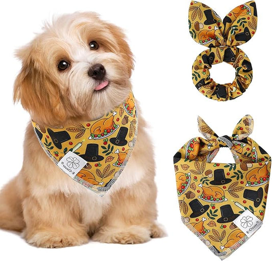 E-Clover Thanksgiving Dog Bandanas & Matching Scrunchie Set Girl Fall Turkey Dog Scarf Bibs Pet Bandana with Bow Tie for Small Dogs Puppy Owner Mom Brown