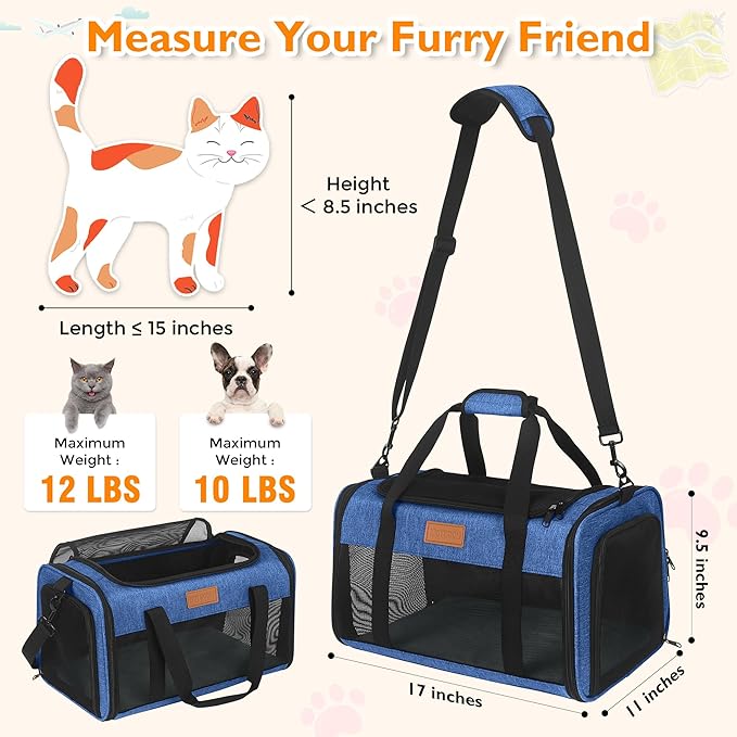 PETUX TSA Approved Pet Carrier in Cabin, 17"x11"x9.5" Soft Cat Carriers for Small Cat up to 12 lb, Top-Open Portable and Breathable Pet Carrier Airline Approved for Travel and Vet Visit, Blue