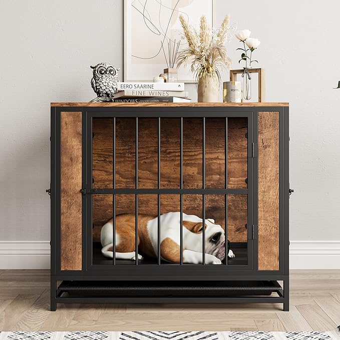 Dog Crate Furniture - Metal & Wooden Dog Kennel with 3 Doors, End Table for Small Dogs, Heavy Duty Dog House, Rustic Black & Brown