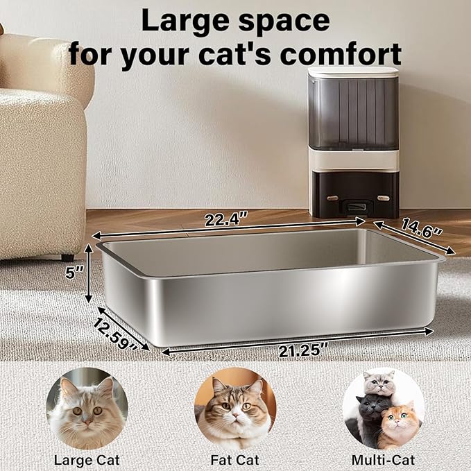 Stainless Steel Litter Box, 22.4"x14.56"x5" Metal Cat Litter Box,XLarge Metal Litterbox for Big Cat, Multiple Cats, Non Stick, Easy Cleaning