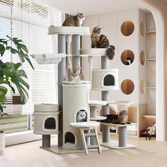 69'' Modern Cat Tree,Multi-Level Wood Large Cat Tower with Condo,Hammocks,Tall Cat Tree with Sisal Posts,Ladder,Removable Mats,Luxury Heavy Duty Tree Tower for Indoor Large Cats