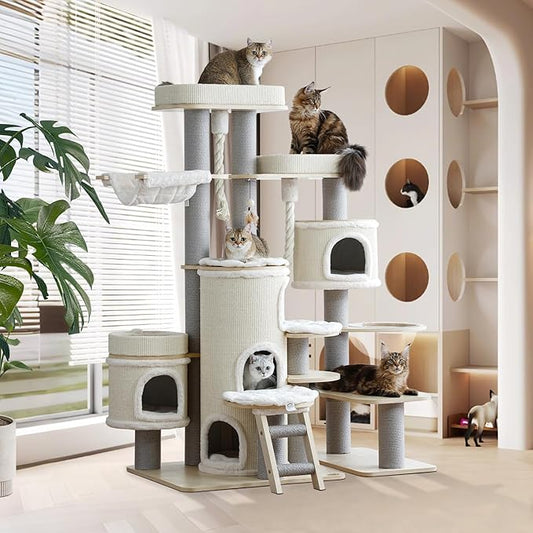69'' Modern Cat Tree,Multi-Level Wood Large Cat Tower with Condo,Hammocks,Tall Cat Tree with Sisal Posts,Ladder,Removable Mats,Luxury Heavy Duty Tree Tower for Indoor Large Cats