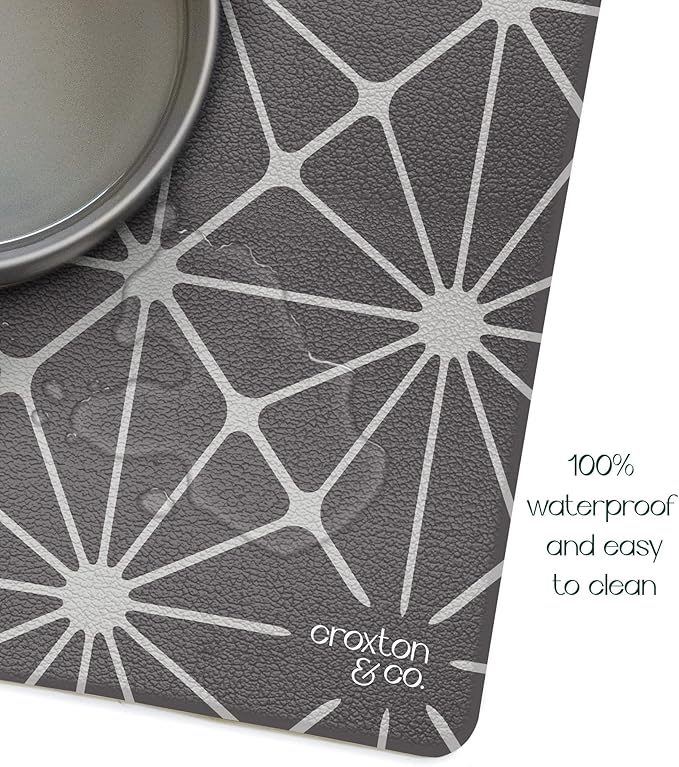 CROXTON & CO. Non-Slip Faux Leather Pet Feeding Mat for Dog Bowls | Large Bowl Mat for Food and Water | Durable, Easy-to-Clean Pet Food Mat for Floors | Size: 12"x18"