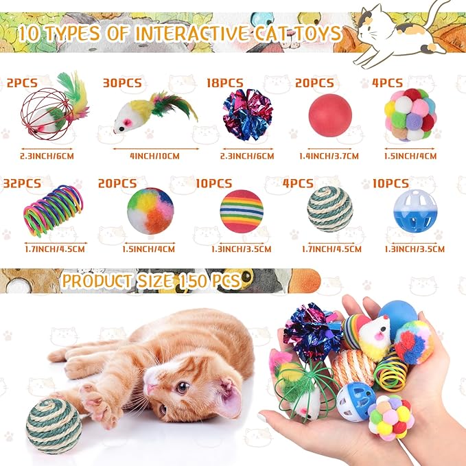 Shappy 150 Pcs Cat Toys Bulk Kitten Toys Pack Variety Funny Interactive Gift Including Mice Rainbow Balls Spring Crinkle Balls for Indoor Cat Kitty Kitten(Classic)