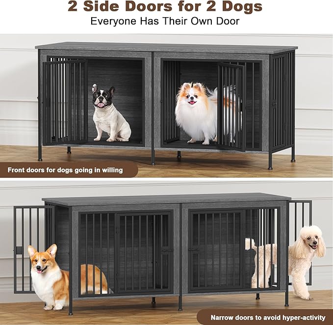 EasyCom Dog Crate Furniture for 1 or 2 Dogs, Heavy Duty Single/Double Dog Crates for Small/Medium/Large Dogs, Dog Kennel Furniture Indoor as TV Stand, Medium Size 63" L(20-35 Pounds), Dark Grey