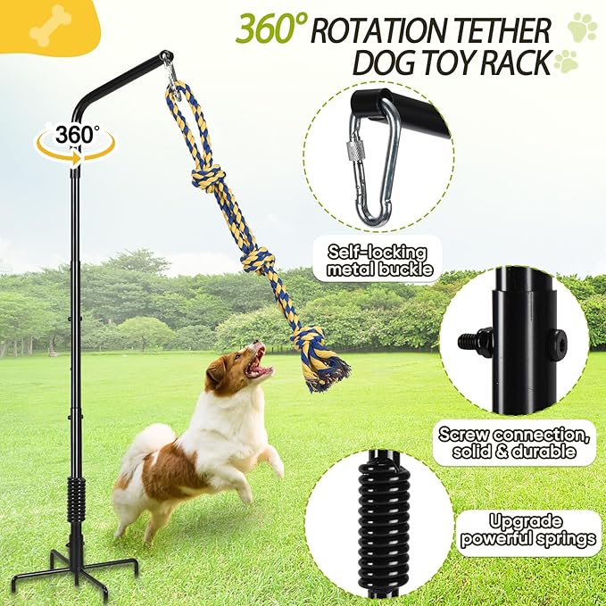 Tether Outdoor Dog Rope Toy with Strengthen Spring Pole, 3 Kinds Dog Tug of War Toys for Self Play and Interactive in Park, Yard, Lawn Rope, Suitable for Large Medium Small Dogs (Black)