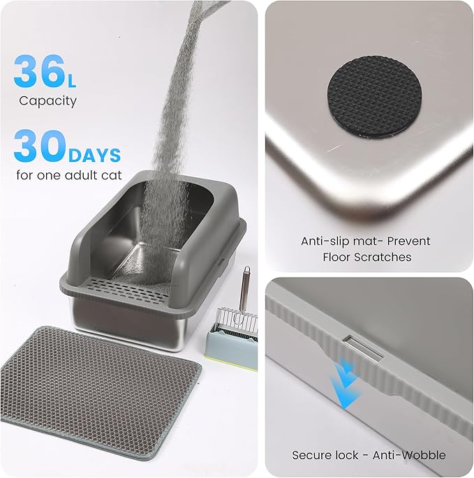 Stainless Steel XL Cat Litter Box for Big Cats- Metal Extra Large Litter Box with Lid, Include Metal Litter Scoop,Mat. High Sided with Guard Prevent Splashing. No Smell, Always New After Clean.
