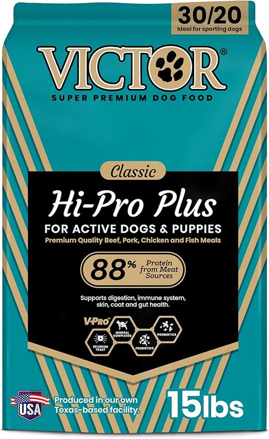 VICTOR Super Premium Dog Food – Hi-Pro Plus Dry Kibble – High Protein Dog Food with 30% Protein – Beef, Chicken, Pork, Fish Meals, Gluten Free - for High Energy and Active Dogs & Puppies, 15lbs