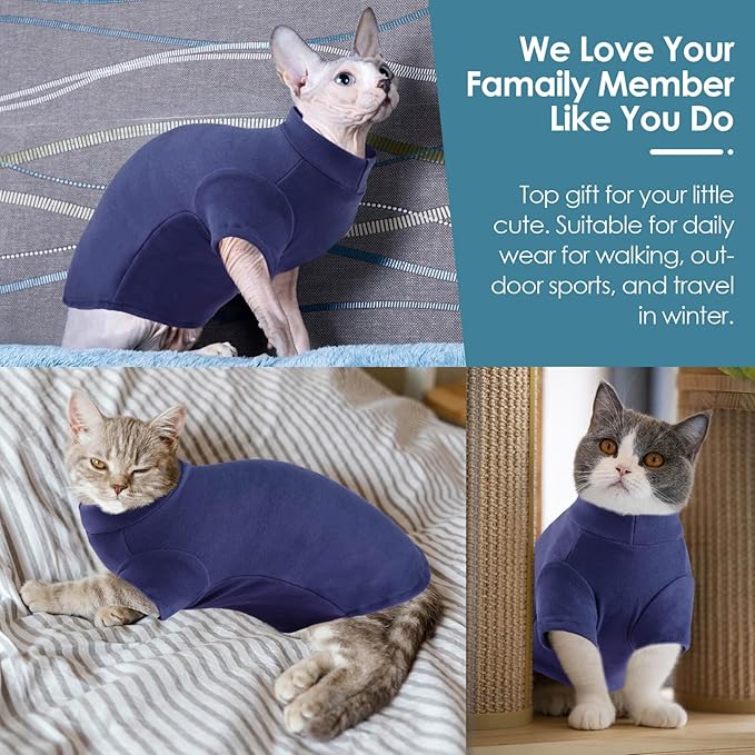 SUNFURA Turtleneck Sweater for Cat, Sphynx Cats Shirt Hairless Cat Sweaters with Sleeves, Warm and Soft Kitten Pullover Fleece Winter Pajamas Jumpsuit for Puppy Cats, Navy XL