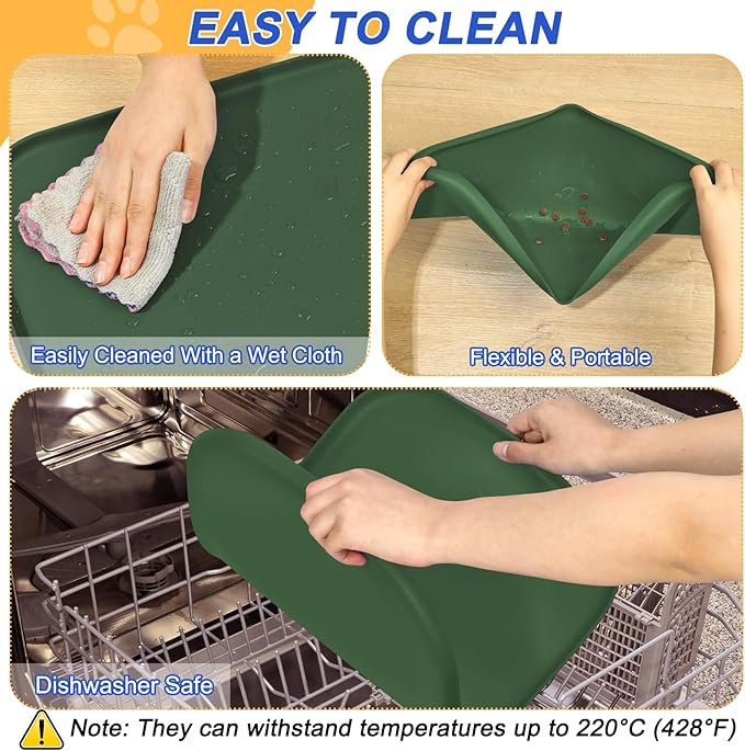 Silicone Pet Feeding Mat with Raised Edge for Food and Water, Dog Bowl Mats, Cat Bowls Placemat with High Lip for Floor Waterproof, Rubber Tray for Cats and Dogs 22 x 14 x0.8 Dark Olive