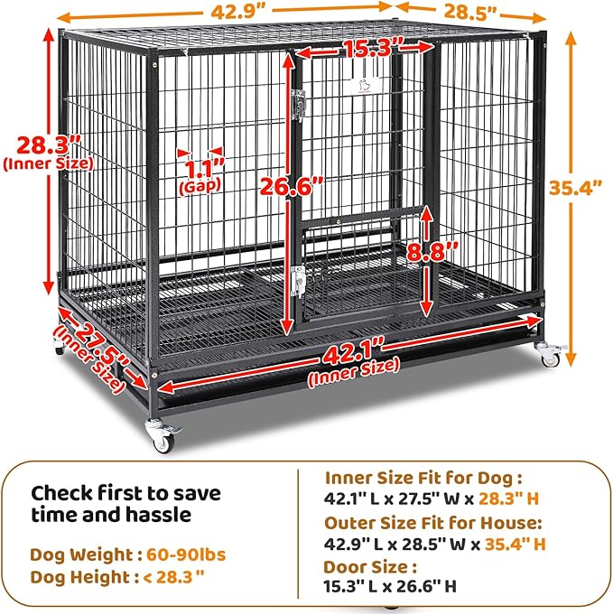 Homey Pet 43" Stackable and Collapsible Heavy Duty Dog Crate Cage Kennel with Feeding Door, Four Lockable Casters, Removable Tray and Grid, Escape Proof Dog Crate for Large Dogs