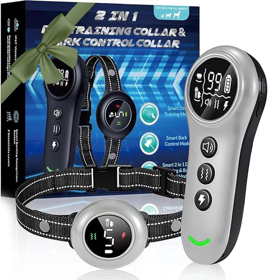 2-in-1 Dog Shock Collar & Dog Bark Collar - Rechargeable Dog Training Collar with Remote Control for 5-150 lbs, Dog Collars 5 Sensitivity Levels, IP67 Waterproof for Large Medium Small Dogs