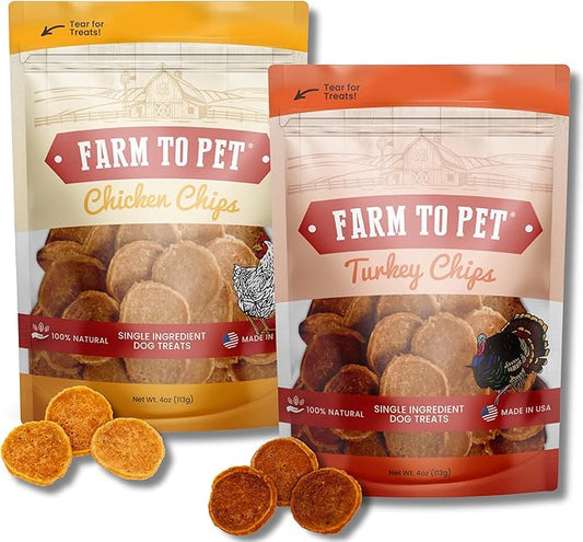 Farm To Pet - Dog Training Treats Chicken & Turkey Chip Protein Pack, 100% All Natural, Single Ingredient Training Treats, Made in USA, for Small, Medium, and Large Dogs