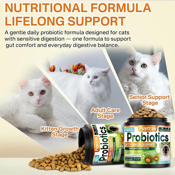 Cat Probiotics & FOS Chews - Digestive + Gut Support, 500 Crunchy & Creamy Chews, Constipation Relief + Nutrient Absorption + Immune, Daily Probiotics Chews for Cats Kittens (Chicken Shrimp)