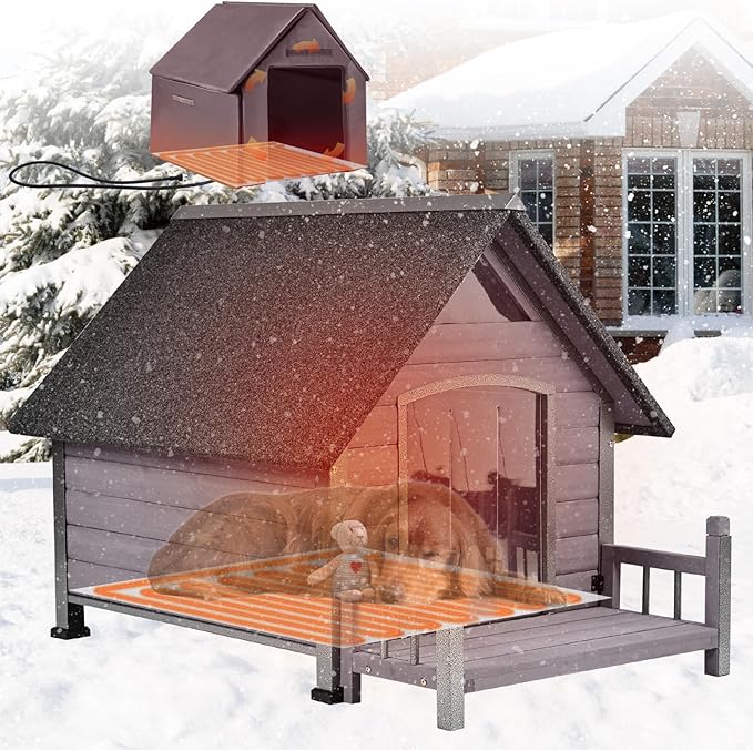 Insulated Dog House with Heating Pad, Weatherproof Outdoor Kennel for Large Dogs, Chew-Resistant Iron Frame & Asphalt Roof (Grey-H, L)