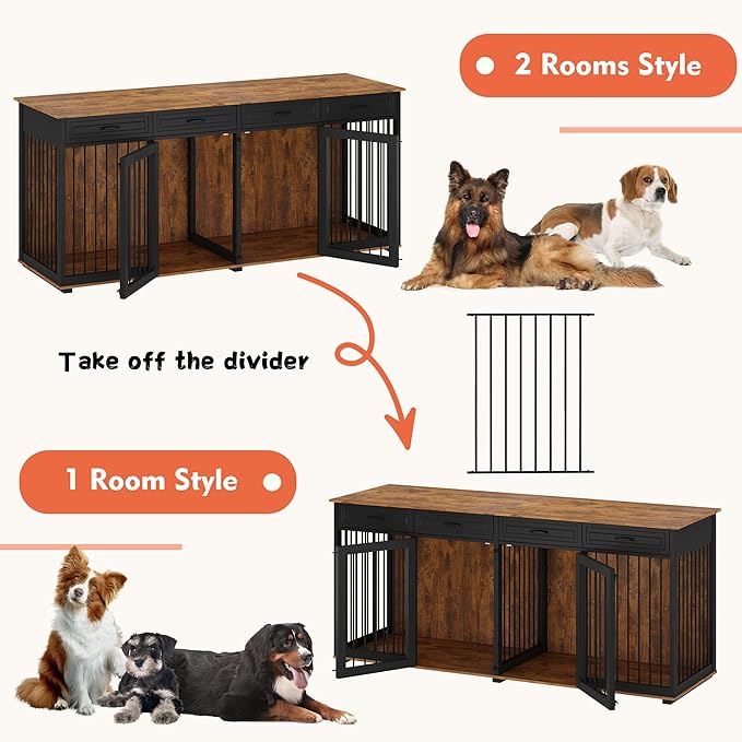 Extra Large Dog Crate,86.6" Heavy Duty Wooden Dog Cage Furniture Dog Crate Kennel with Drawers & Removable Divider,Indoor Luxury Dog House w/Double Rooms for XL L Dogs,Rustic Brown