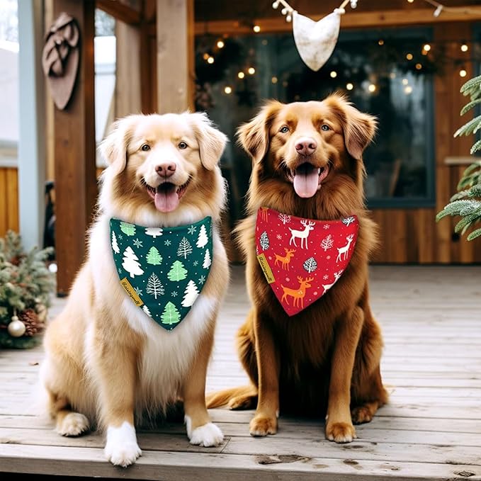 Christmas Dog Bandanas 2 Pack, 4 Pattern Reversible Holiday Bandana for Boy and Girl, Dog Scarf for Medium and X- Large Breed Dogs | Chritmas Gift | Reindeer | Santa Claus | Tree |