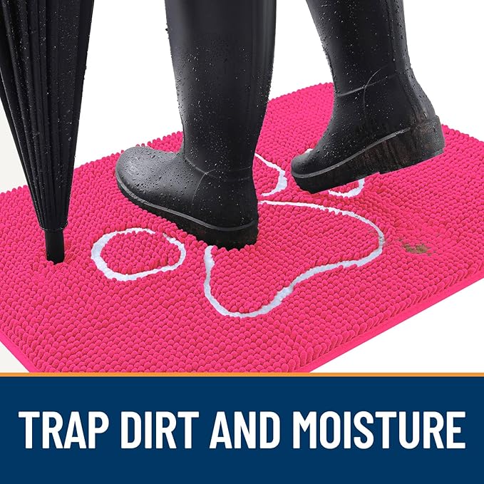 OLANLY Dog Door Mat for Muddy Paws 30x20, Paw Print Design, Absorbs Moisture and Dirt, Absorbent Non-Slip Washable Doormat, Quick Dry Chenille Mud Mat for Dogs, Entry Indoor Entryway Carpet, Hot Pink