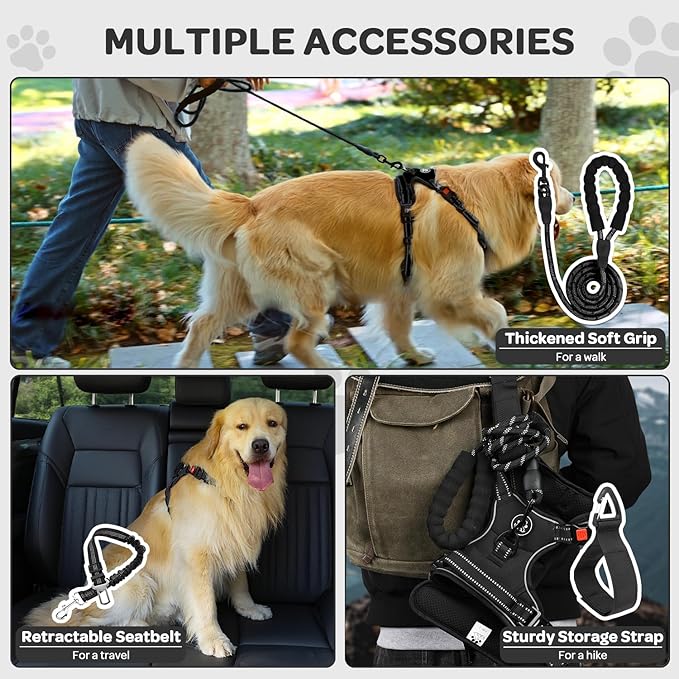 FURRYFECTION Dog Harness | No Pull Dog Harness | Reflective Oxford | Padded Handle | 4 Adjustable Straps | 2 Leash Clips | No Choke Pet Vest Harness for Small Medium Large Dogs | Black | M