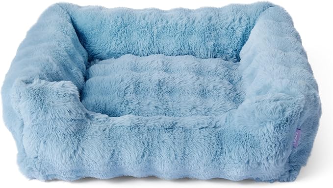 Lesure Fluffy Dog Beds for Puppy&Kitten- Orthopedic Rectangle Calming Pet Sofa,Fluffy Plush Bubble Bolster Cat Bed with Removable Washable Cover and Nonskid Bottom,20x19x6inches,Blue