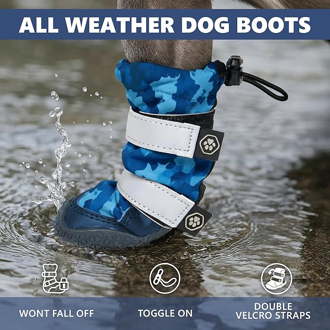 Spark Paws Dog Shoes, Waterproof Dog Boots for Medium to Large Dogs, Non Slip, Breathable Dog Booties and Paw Protectors - 4PCS Doggie Hiking Boots with Reflective Straps, Blue Camo, Size 6