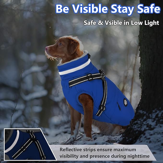 Dogcheer Dog Coat, Waterproof Dog Winter Jacket with Harness, Reflective Adjustable Doggy Cold Weather Coats, Christmas Pet Fleece Snowsuit for Small Medium Large Dogs - Blue, S