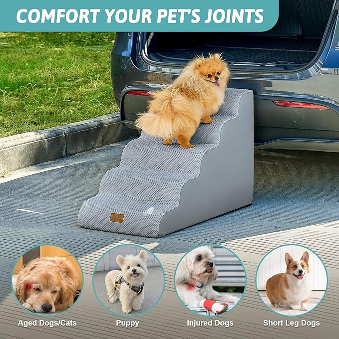 Wide Dog Stairs for Small Dog 22.6" H, Curved Pet Step for Puppy, Older Cat, Curved Ramp for High Bed or Car, Ladder with High Density Foam, Durable, 5 Step, 17.7x33x22.6 inch, Grey