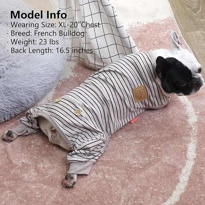 KYEESE Dog Pajamas Soft 4 Legs Doggie Jammies Striped Dog PJS Pet Jumpsuit Comfy Puppy PJS Clothes Breathable Pajamas Stretchable Outfit Cozy Onesie Sleepwear for Summer,Ivory Brown Striped, Small