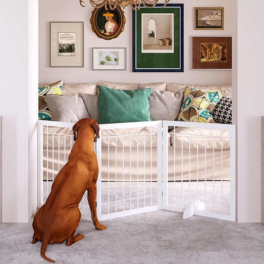 JSB 72-inch Extra Wide 28-inch Tall Dog gate, Freestanding Pet Gate for Halls, Stairs & Home, Pet Puppy Safety Dog Fence with 2PCS Support Feet (White)