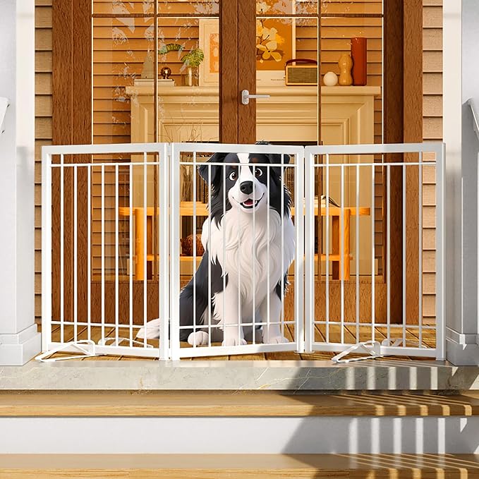 4NM Metal No Drilling Expandable Puppy Dog Gate, Wide 54", Tall 24" Small Free Standing Pet Gate, Doggie Gates for Dogs Outdoor or Indoor, with 2PCS Support - White