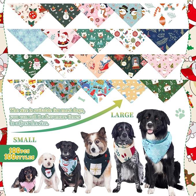 100 Pcs Christmas Dog Bandanas Bulk Pet Bibs Colorful Triangle Scarf Xmas Pet Bandanas for Medium Large Dogs Christmas Party Xmas Costume Decor