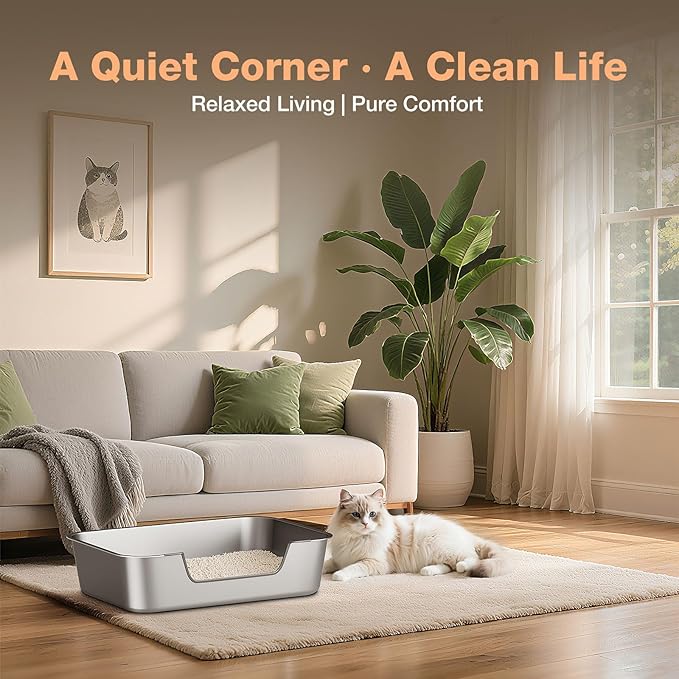 Stainless Steel Cat Litter Box with Low Entry, Metal Kitty Litter Box for Senior or Injured Cats, Odor-Free, Non-Stick, Easy to Clean, 19.5"x13.6"x5.9", Litter Pan for Big and Small Cats