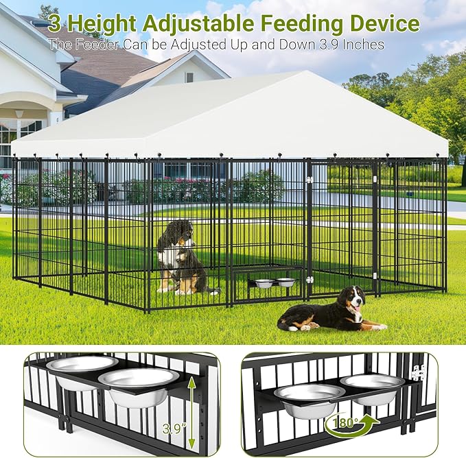 Rovibek 10x10 Ft Outside Dog Kennel with Roof, Large Dog Kennel Outdoor Dogs Cage with 2 Rotating Feeder Bowls, Heavy Duty Dogs Run Enclosure with Waterproof Sun-Proof Cover