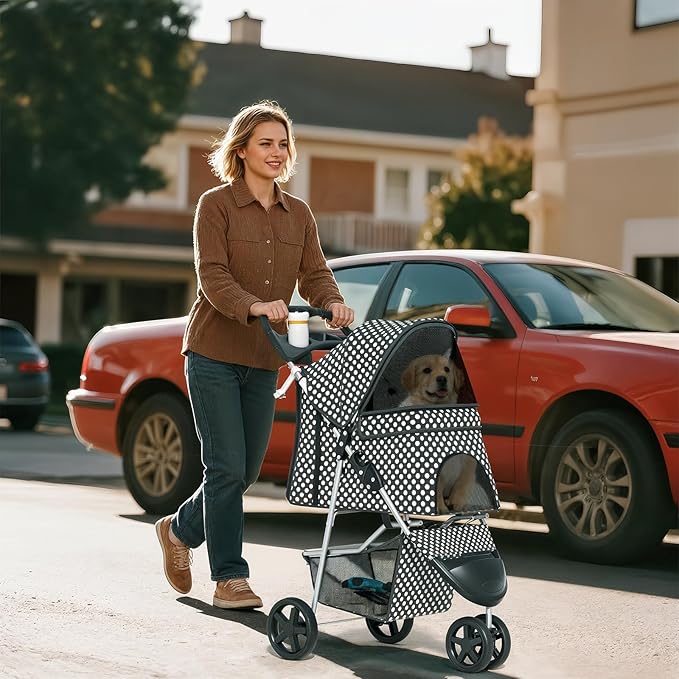 Cat Dog Stroller,3-Wheels Pet Stroller for Medium/Puppy Dogs 30 Lbs, Cat Strollers for 1 Cats, Foldable Dog Stroller with Storage Basket and Cup Holder, Breathable Mesh Black Polka Dots