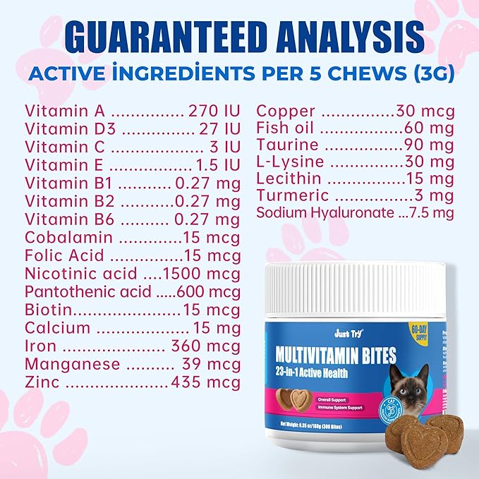 Just Try 23 in 1 Cat Vitamins Bites - Cat Treats for Immune, Skin & Coat & Heart Health - Multivitamin, Taurine, Omega 3, Biotin, Lysine for Cats - Daily Supplements for Indoor Cats (300 Bites)