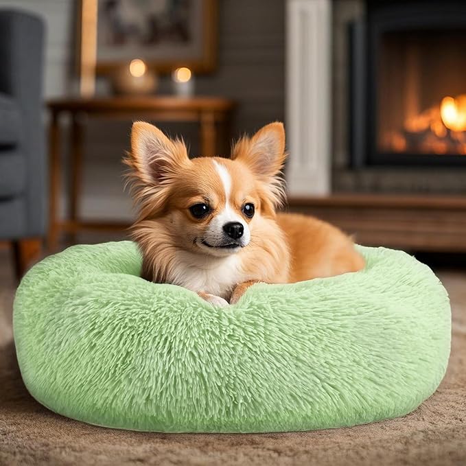 Dogs Bed for Small Dogs, Anti-Anxiety Washable Round Bed (Green, 24.0" L x 24.0" W x 8.0" Th)
