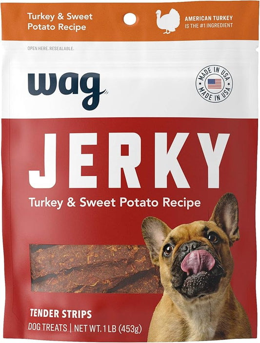 Amazon Brand - Wag Soft & Tender American Jerky Dog Treats – Turkey & Sweet Potato, 16 Ounce (Pack of 1)
