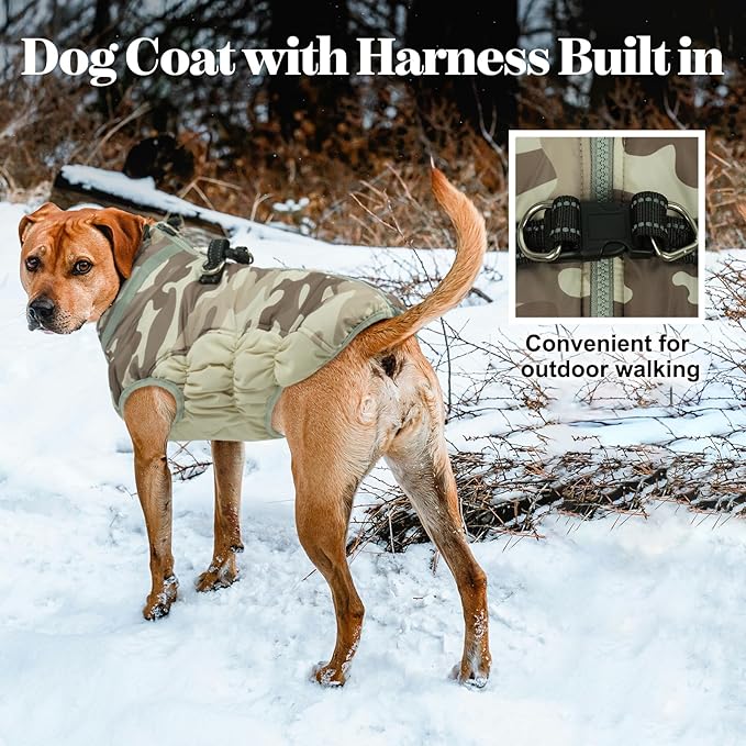 Lelepet Warm Dog Winter Coat Dog Coats for Medium Dogs Waterproof Dogs Jacket with Harness Built in Reflective Cold Weather Coats Windproof Zip-Up Winter Fleece Vest Snowsuit Dachshund Desert Camo