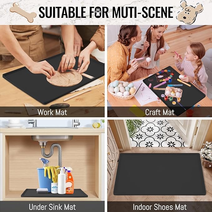 MateeyLife Dog & Cat Food Mat for Floors Waterproof, Nonslip Dog Bowl Mats for Food and Water, Dog Feeding Mats with Raised Edges, Silicone Cat & Dog Water Matt Tray for Messy Drinkers, 18"x12", Black