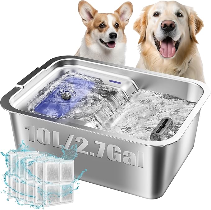 Stainless Steel Dog Fountain, 7L/10L Large Capacity Automatic Water Dispenser with 5 Filters, LED Indicator, Silent Pump for Medium to Large Cats Dogs and Multi-Pet Home (10L Fountian)