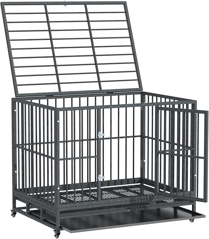 PawHut 43" Heavy Duty Dog Crate Metal Cage Kennel with Lockable Wheels, Double Door and Removable Tray, Gray