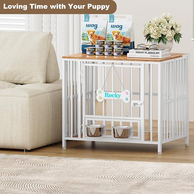Easycom 27" Dog Crate Furniture Foldable, No Assembly Decorative Dog Kennel Indoor, Dog Crates for Small Dogs (Under 20 lb), Wooden Dog Cage with Bowls and Name Tag, End Table, White & Beech