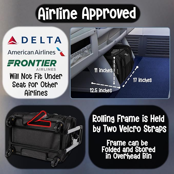 Pet Carrier with Wheels | Delta American Frontier Airline Approved | Two Expandable Sides, Storage Pockets Adjustable Leash | Rolling Dog and Cat Carrier TSA Compliant (Black 17x12.5x11)