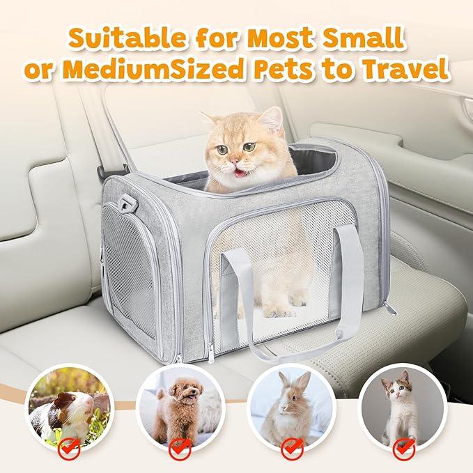 Airline Approved Pet Carrier 17"x11"x11" – Soft Sided Cat Dog Travel Bag for Small Pets up to 15 lbs, Portable Collapsible Pet Carrier Under Seat with Mesh Ventilation & Shoulder Strap (Grey)